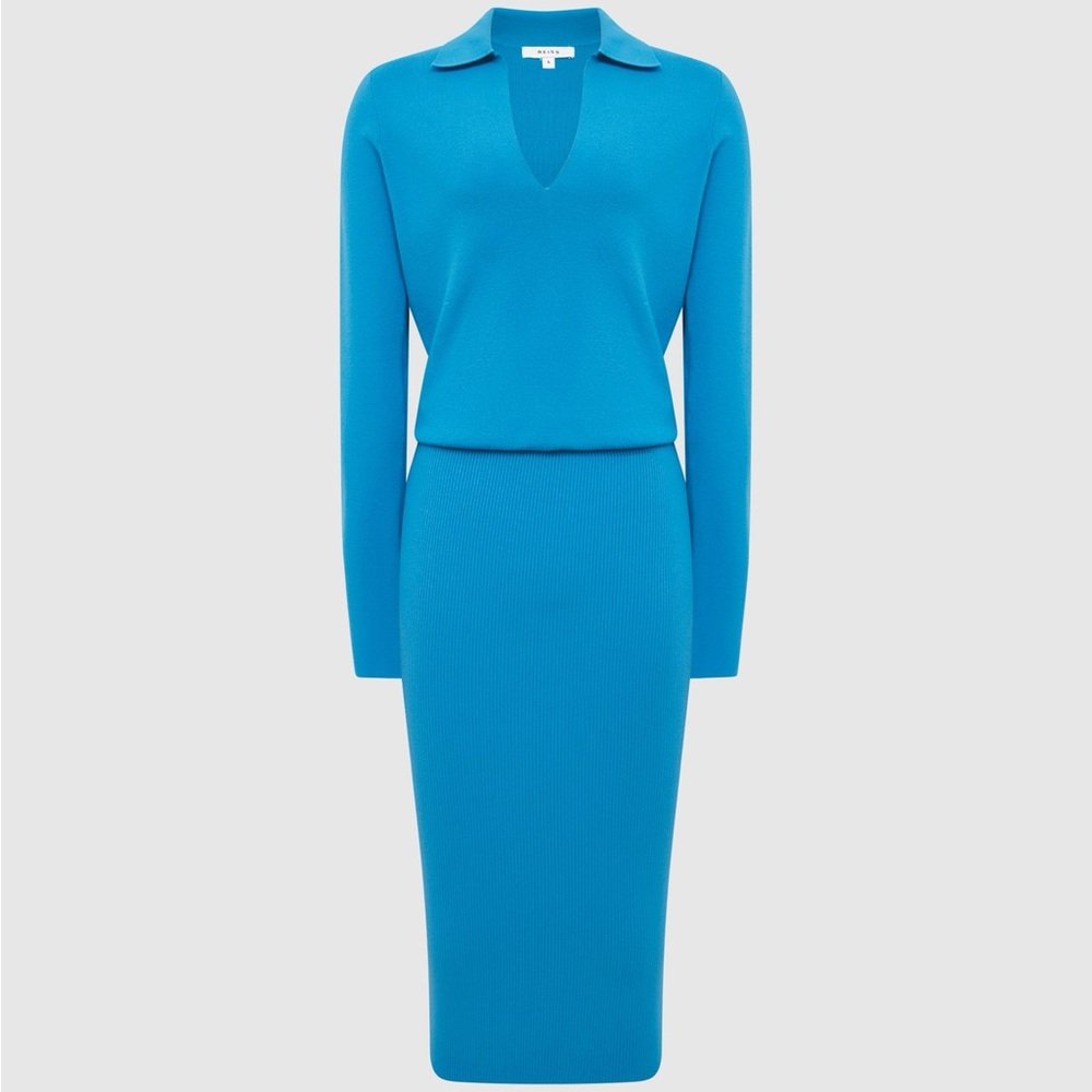 NWT REISS ELAINA RIB-KNITTED MIDI DRESS IN BLUE SIZE S